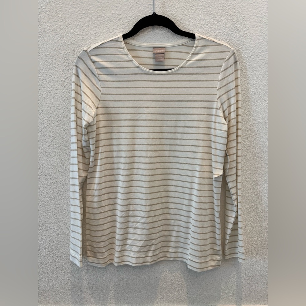 NWT - Chico's striped long sleeve top, featuring gold metallic threading